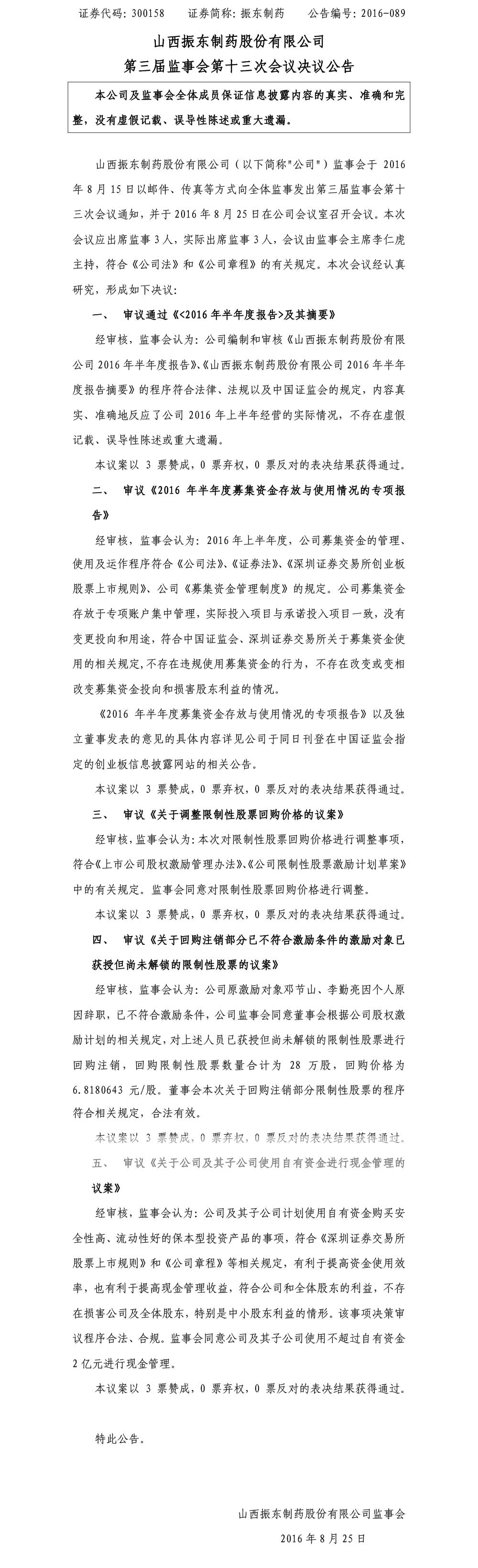 振东制药,振东,300158,监事会