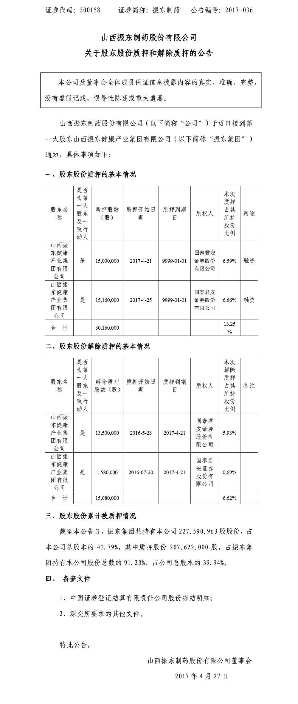 振东制药,振东,300158,股东股份质押,解除质押