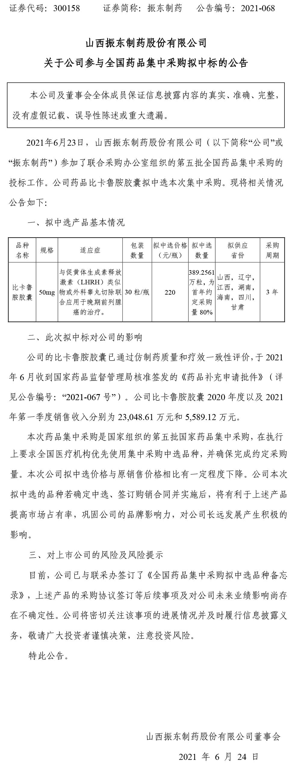 振东制药,振东,300158,全国药品集中采购,药品集中采购