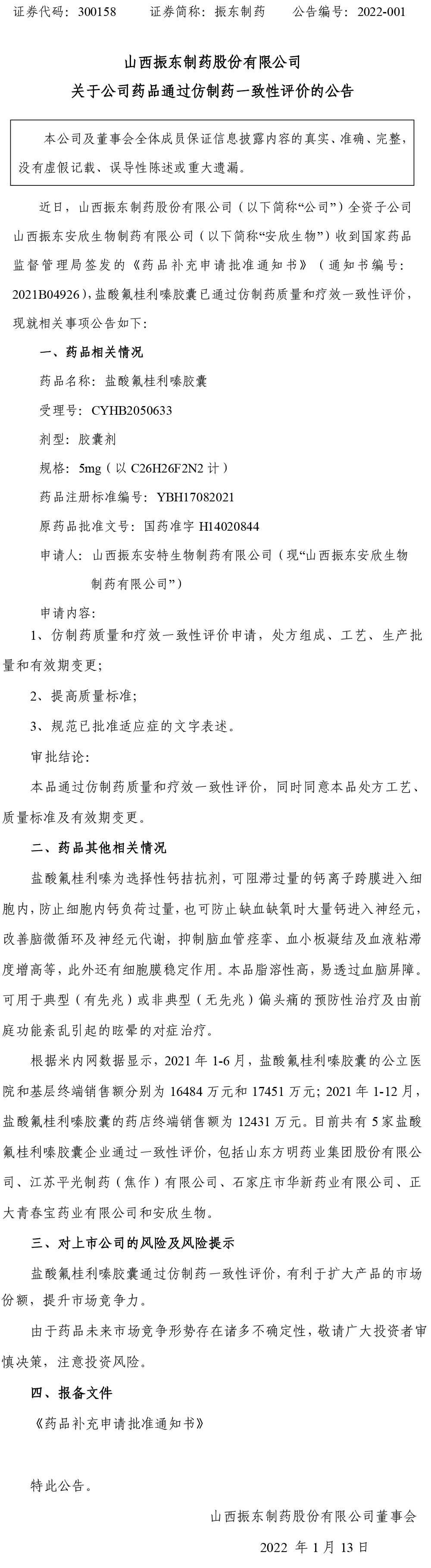 振东制药,振东,300158,仿制药一致性评价,药品通过仿制药一致性评价