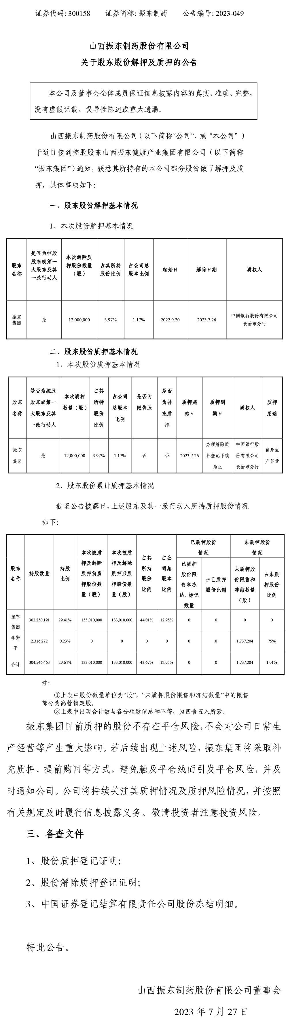 股东股份解押及质押,股东股份解押,振东制药,振东,300158