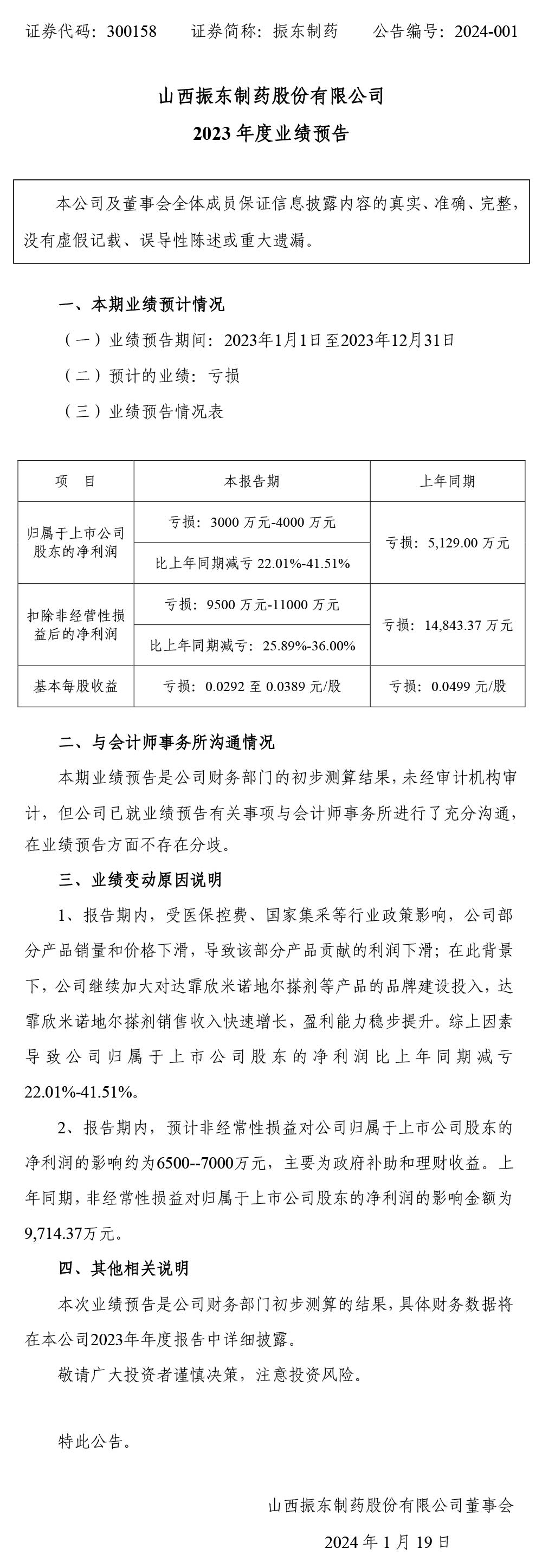 振东制药,振东,300158,业绩预告,年度业绩